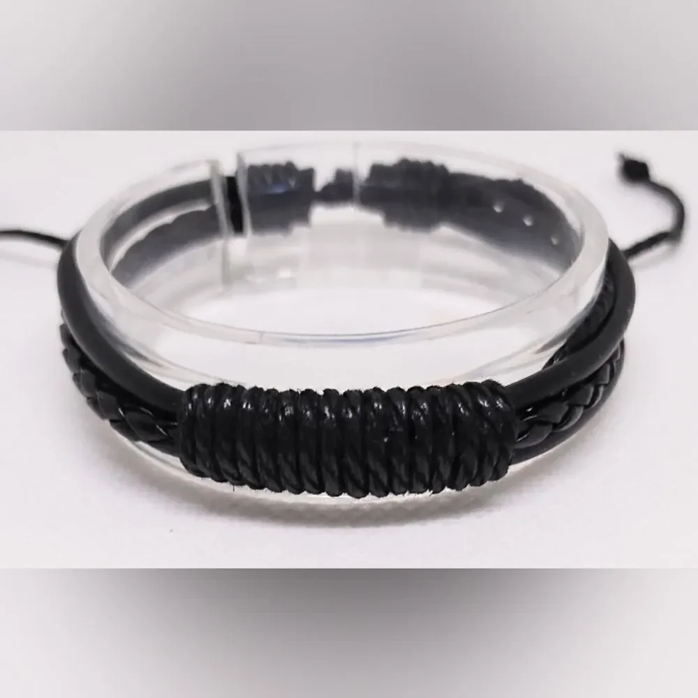 Men's leather‎ bracelet braided layered black new e50
